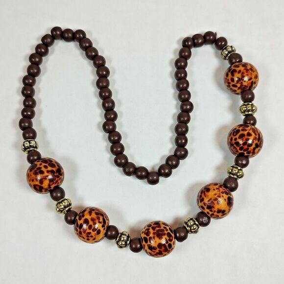 Boho Leopard Print Beaded Necklace Gold Tone Faux Wood Tribal Statement 19" - Picture 9 of 10
